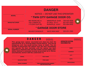 Danger Twin City Garage Door Tag