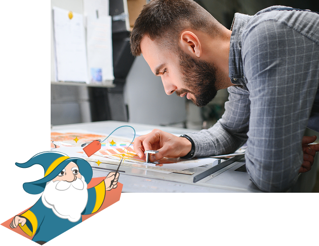Quote Wizard Character with person designing hang tag