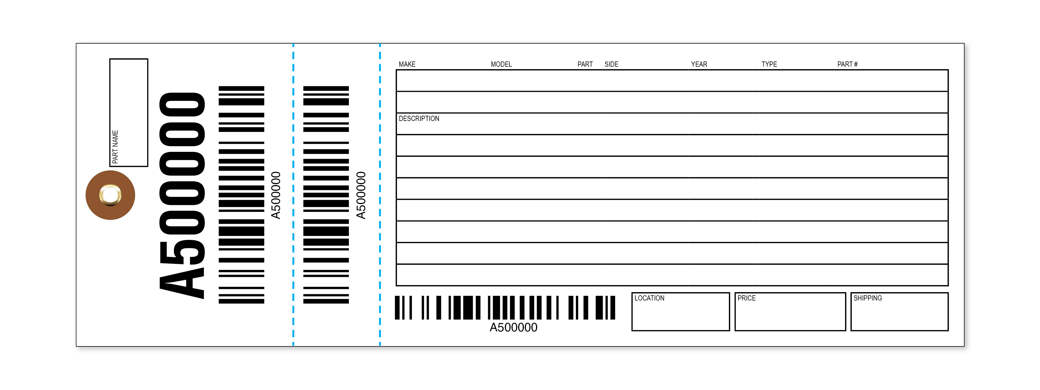 White inventory tag with a reinforced brown grommet hole on the left, large vertical sequential number 'A500000,' and multiple barcodes. The tag includes two perforation lines, a lined section for details like make, model, part, side, year, type, and description, plus smaller boxes for location, price, and shipping. A horizontal barcode and number 'A500000' also appear at the bottom.