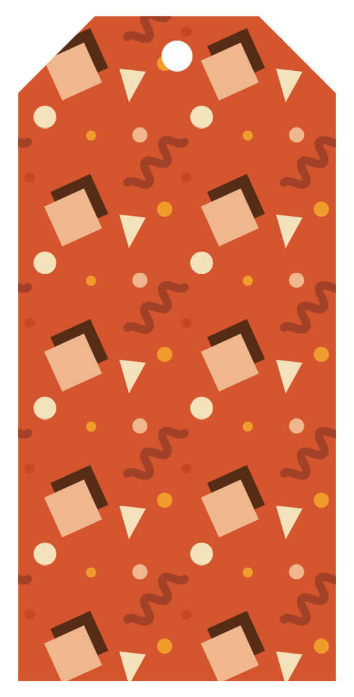 A red tag with geometric shapes printed edge to edge, showing full-bleed printing.
