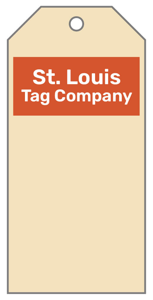 White tag with text reversed out of a solid color block.