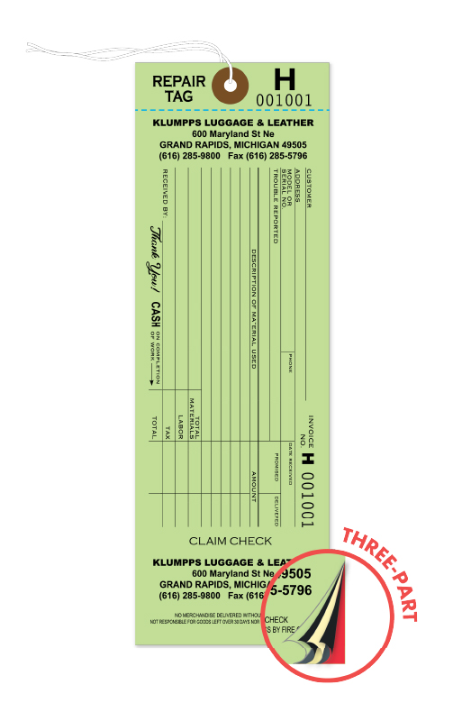 A green three-part repair tag from &ldquo;Klumpps Luggage & Leather&rdquo; in Grand Rapids, Michigan. The tag includes a string tie at the top, a perforated claim-check section, form fields for customer information, description of repairs, materials, labor, and totals. The tag displays the number H001001 in multiple places. A circular logo in the lower right corner indicates that it&rsquo;s a three-part carbonless tag.