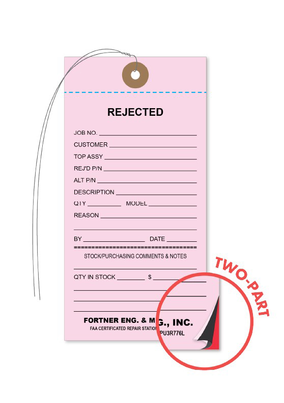 Pink rejected tag with form fields for job number, customer, part numbers, description, quantity, reason, and stock notes. A red circle highlights layered pages with black and white sheets, labeled &ldquo;TWO-PART.&rdquo;