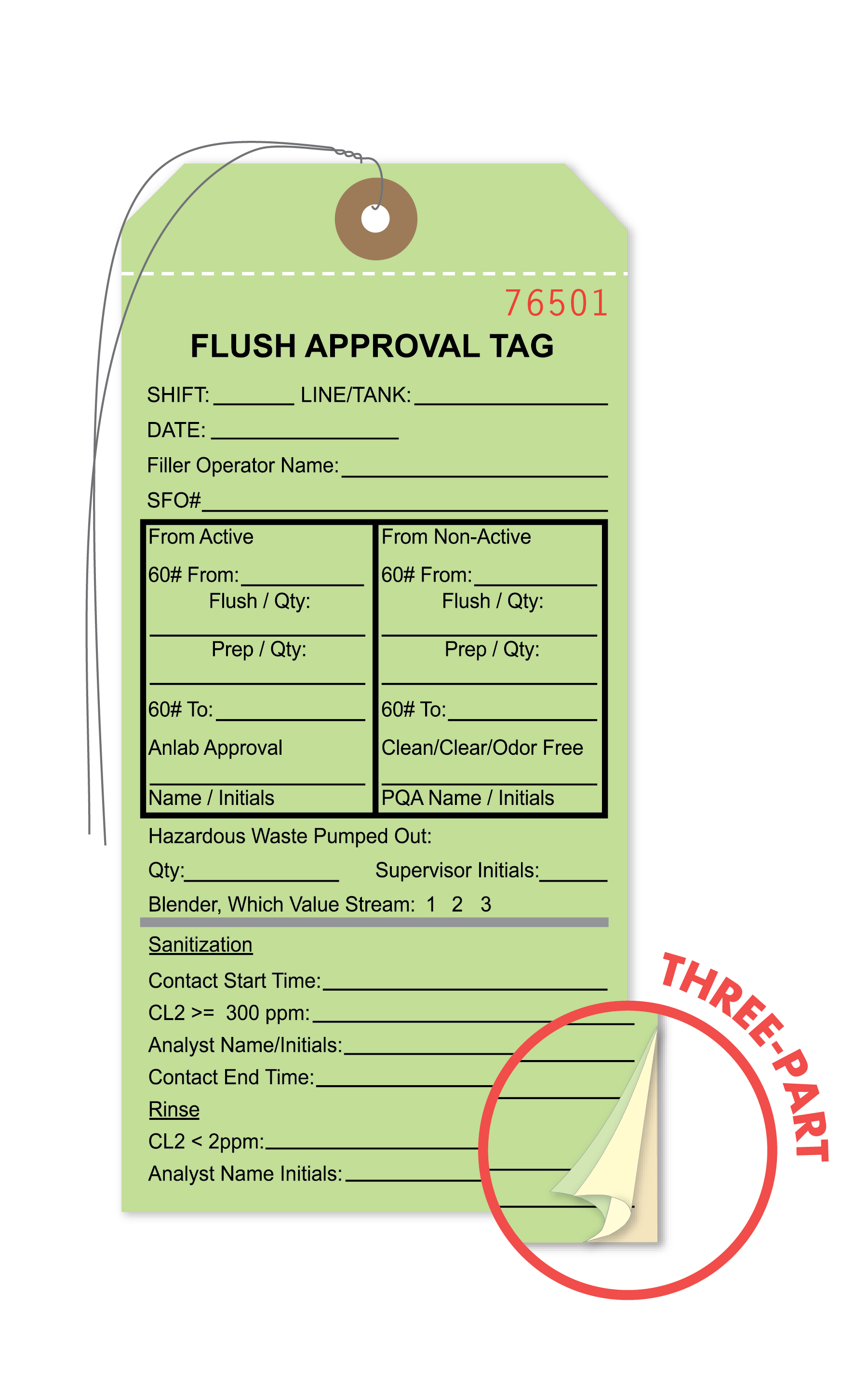 A green three-part carbonless &ldquo;Flush Approval Tag&rdquo; with a reinforced hole and string at the top. The tag includes fields for shift, line or tank, date, operator name, SFO number, active and non-active flush details, approvals, hazardous waste quantities, supervisor initials, blender value stream, and sanitization and rinse information. The tag is numbered 76501 in red. A circular inset in the lower right shows the layered pages and is labeled &ldquo;THREE-PART.&rdquo;