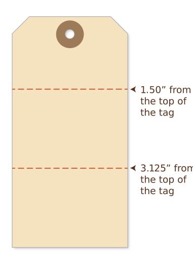 Beige luggage tag with string tie, printed flight and claim information fields. The design shows two horizontal dotted lines across the tag, indicating different possible perforation placements. Sequential number 20001 appears in red on the detachable stub.