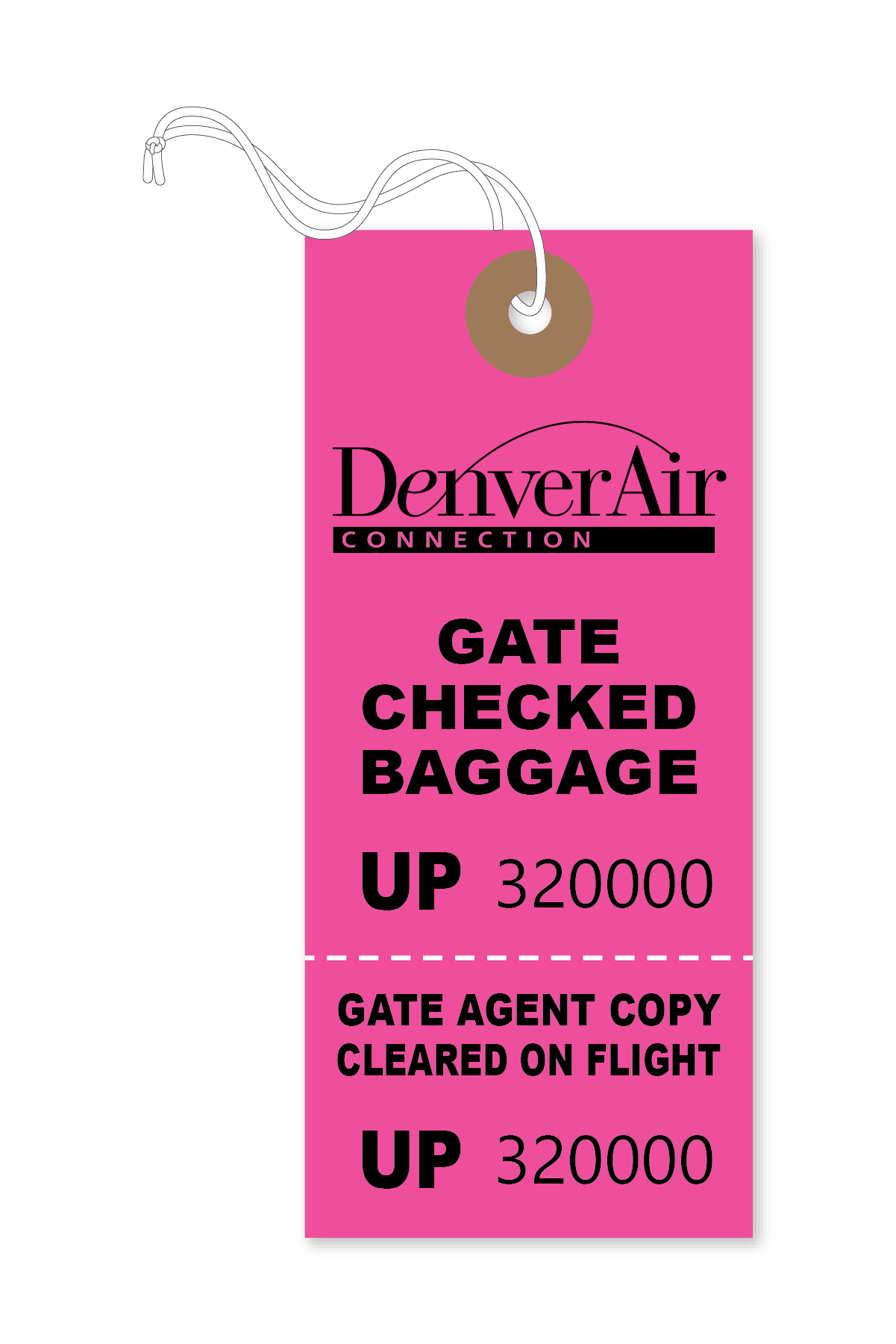 Bright pink gate-checked baggage tag for Denver Air Connection, with sequential number UP 320000 printed twice (main tag and detachable gate agent copy).