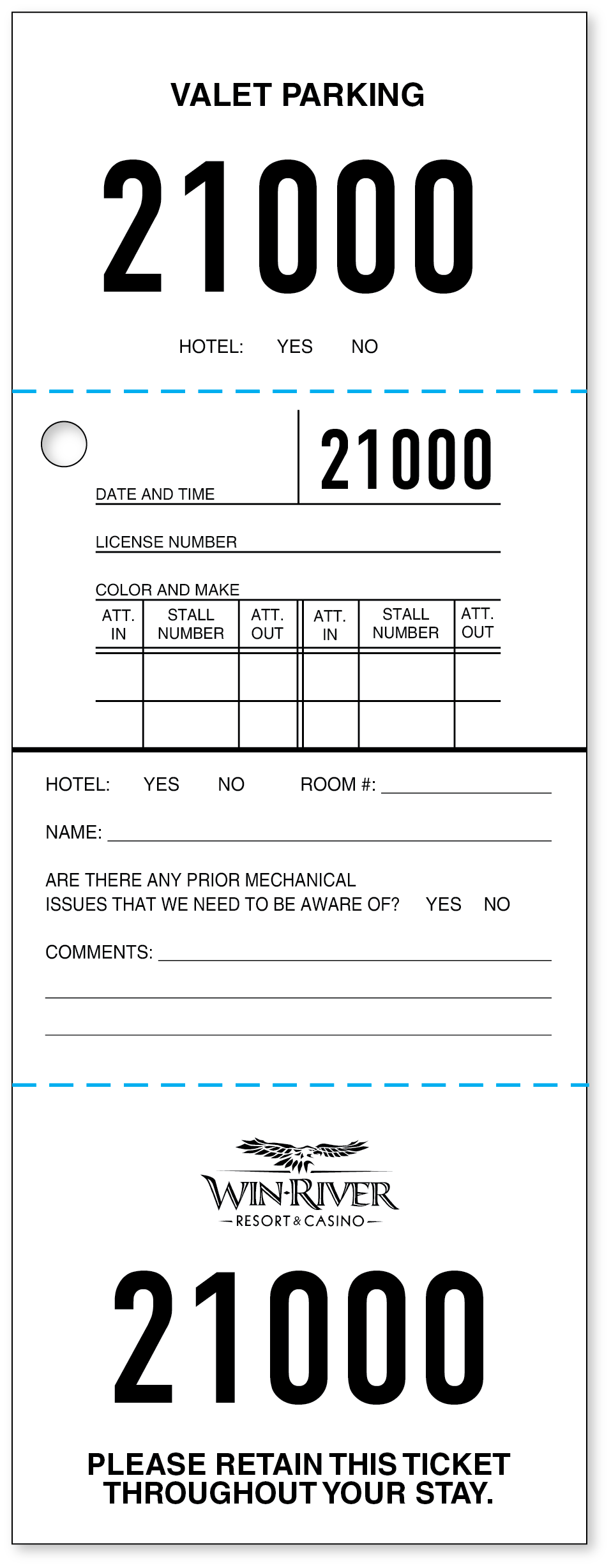 Valet parking claim ticket with bold sequential number 21000 printed in multiple sections, including claim check and vehicle information stub.