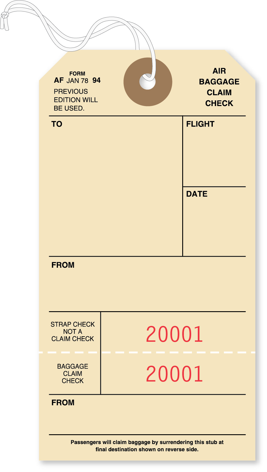Classic baggage claim tag with perforated tear-off section, showing sequential number 20001 printed in red on both the strap check and claim check portions.