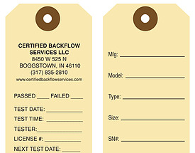 Custom Printed Backflow Preventer Test Tag