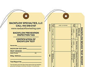 Backflow Specialties Prevention Inspection Tag