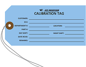 Jet Aviation Calibration Hang Tag with reinforced eyelet and metal wiring