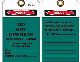 Danger Do Not Operate Maintenance Dept Tag