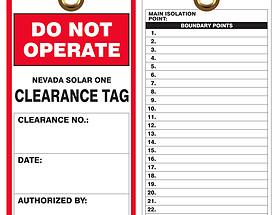 Nevada Solar One Do Not Operate Clearance Tag