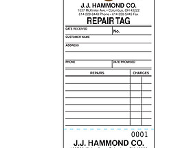 JJ Hammond Custom Repair Tag With Sequential Numbering & Perforations