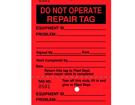 Do Not Operate Repair Tag