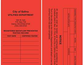 Backflow Prevention Test Tag - Utility Dept 