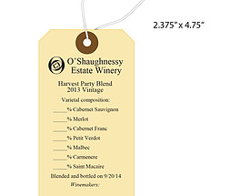 Varietal Composition Percent Hang Tag with Clipped Corners, a Fiber Patch & Knotted String for O'Shaughnessy Estate Winery