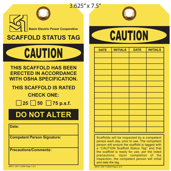 Custom Scaffold Inspection Hang Tags St Louis Tag