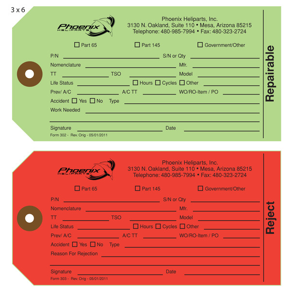Custom FAA Aircraft Part Inspection Tags St. Louis Tag