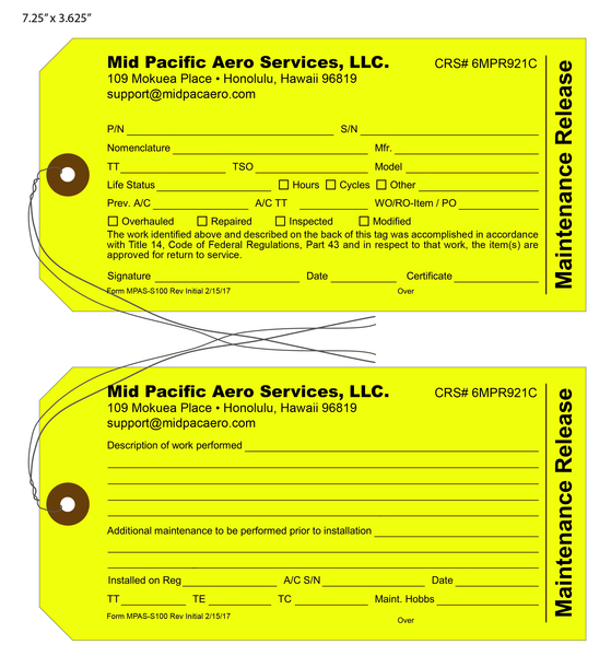 Custom FAA Aircraft Part Inspection Tags St. Louis Tag